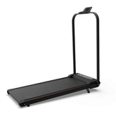Front view of a modern foldable treadmill with a digital interface and safety features, suitable for home gym