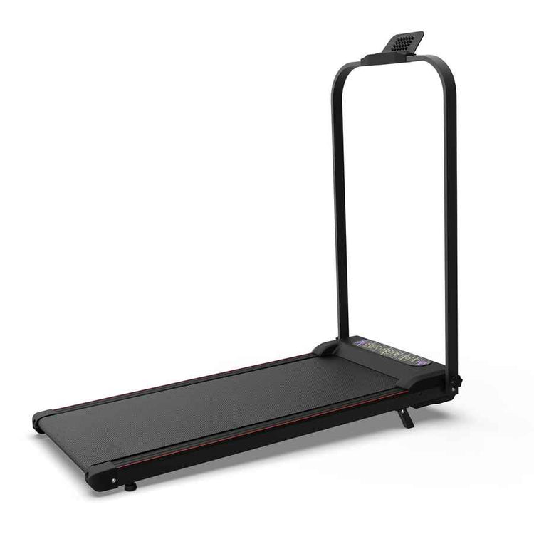Front view of a modern foldable treadmill with a digital interface and safety features, suitable for home gym