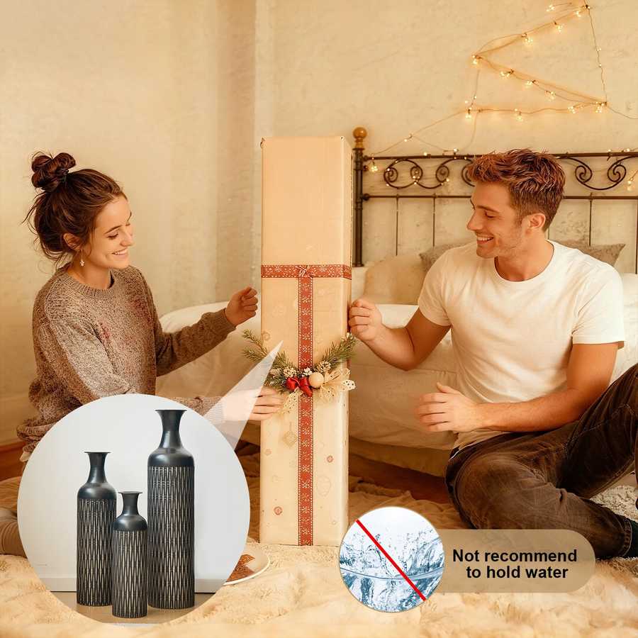 Couple exchanging a gift with inset showing black floor vases set of 3, labeled not recommended for holding water.