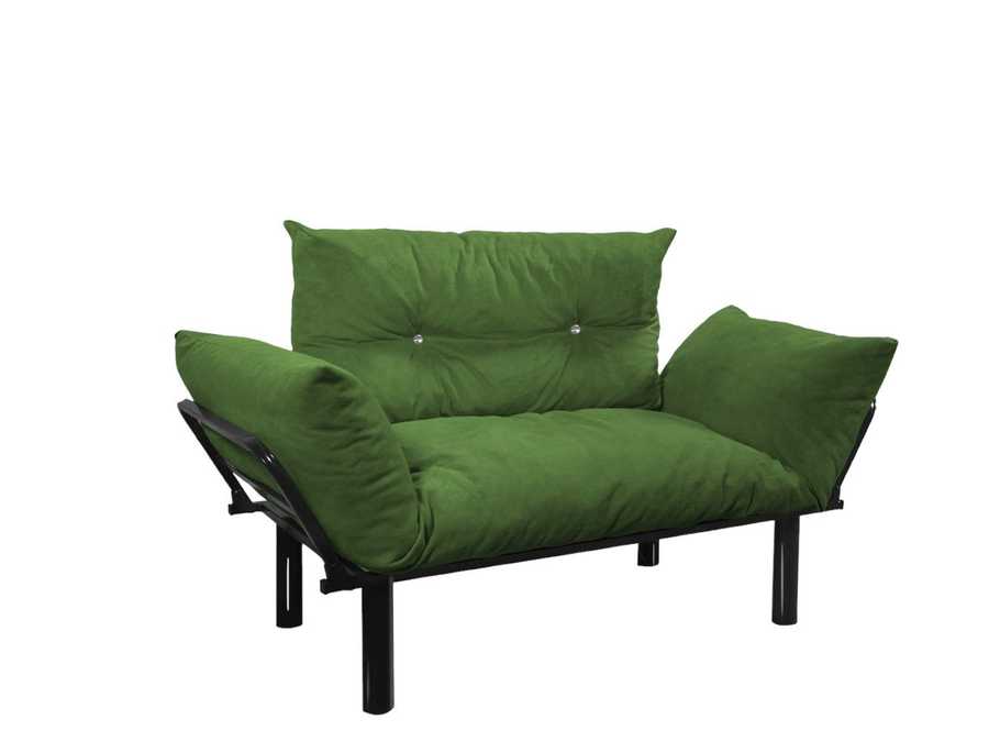 Green futon sofa with black frame on a white background
