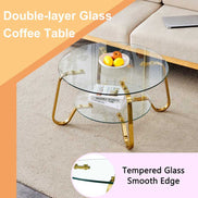 Double-layer vintage metal coffee table with tempered glass top and gold frame, shown in a modern living room.