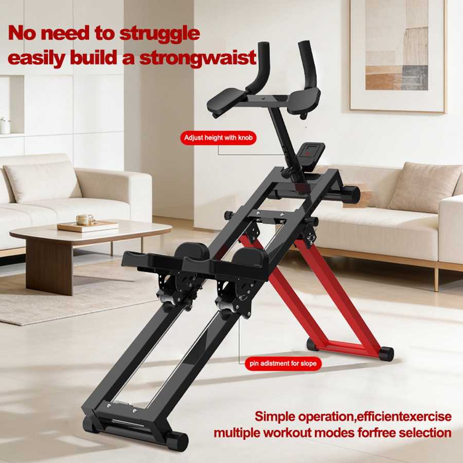 Fitness equipment in a living room setting with text promoting ease of use and multiple workout modes.
