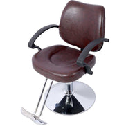 Three-quarter view of Heavy Duty Barber Chair with black armrests and PU leather seat, built for professional salon environments.