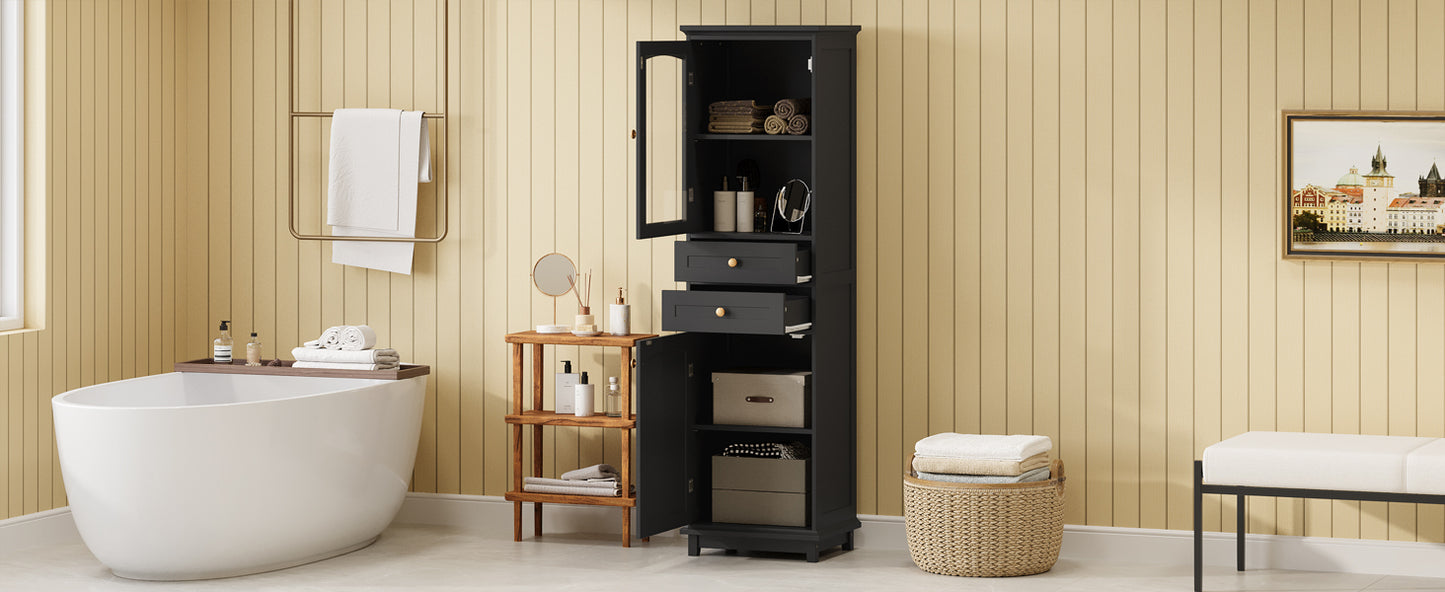 63" Tall Bathroom Storage Cabinet with Glass Doors, Free-Standing, Two Drawers, and Adjustable Shelves, MDF Board, Painted Black