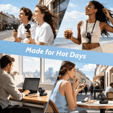 Collage of people using a product in various settings with text &