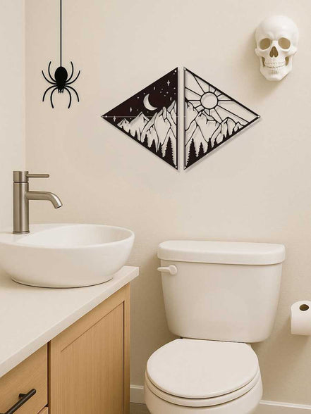 Metal celestial wall art with mountain, moon, sun, and star design for modern home decor