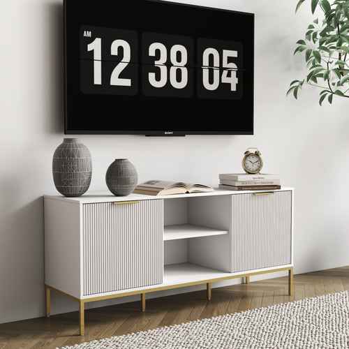 White modern TV stand with vertical ribbed doors, gold accents, and wooden legs, measuring 47.2 inches wide