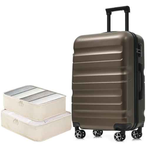 Set of durable 24-inch hardshell luggage with metallic finish, includes packing cubes, lightweight design, and four spinner wheels for travel.