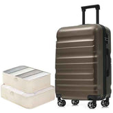 Set of durable 24-inch hardshell luggage with metallic finish, includes packing cubes, lightweight design, and four spinner wheels for travel.