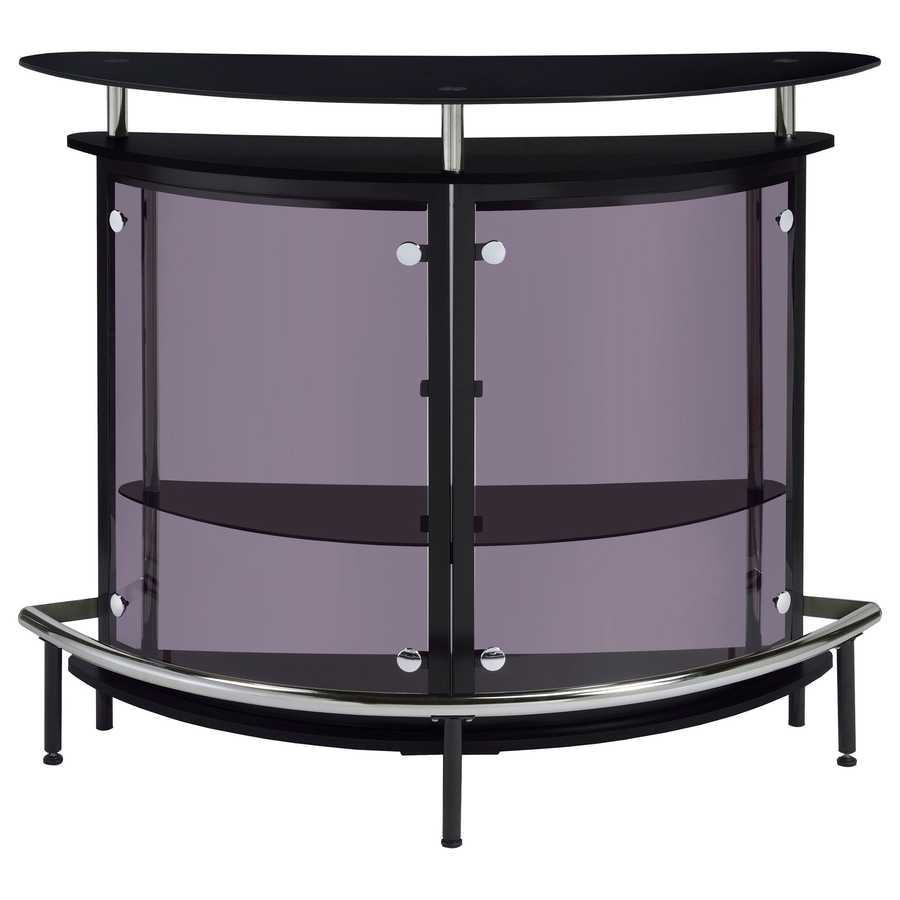 Front view of Strick & Bolton black glass top home wine bar cabinet with dual shelves and curved smoked glass design.