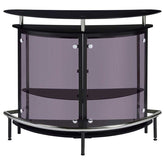 Front view of Strick & Bolton black glass top home wine bar cabinet with dual shelves and curved smoked glass design.