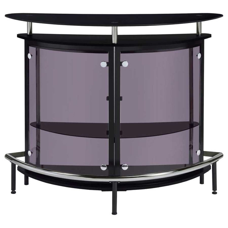 Front view of Strick & Bolton black glass top home wine bar cabinet with dual shelves and curved smoked glass design.