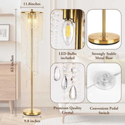 Detailed view of gold floor lamp for living room showing LED bulbs, premium crystals, metal base, and foot switch for easy operation.
