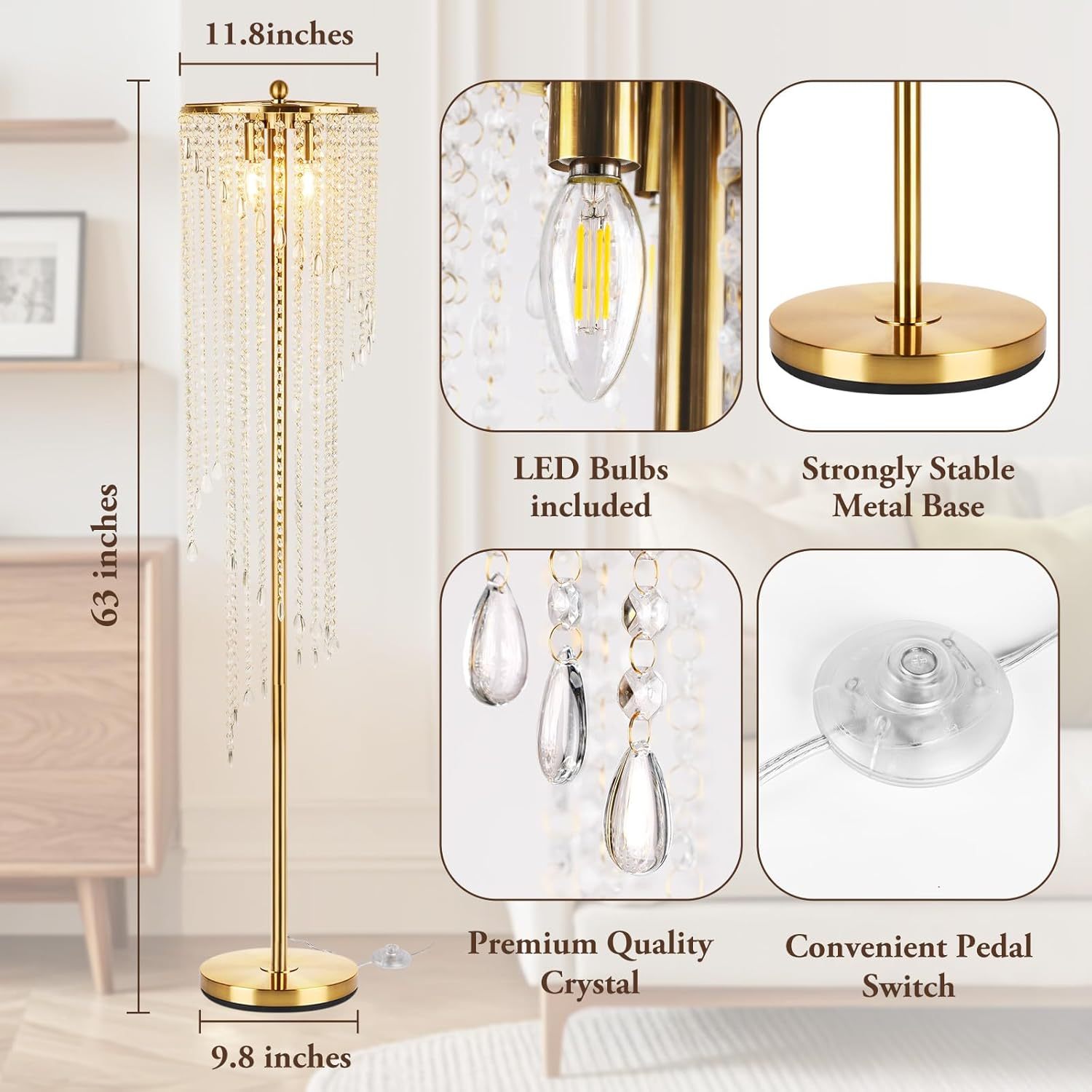 Detailed view of gold floor lamp for living room showing LED bulbs, premium crystals, metal base, and foot switch for easy operation.