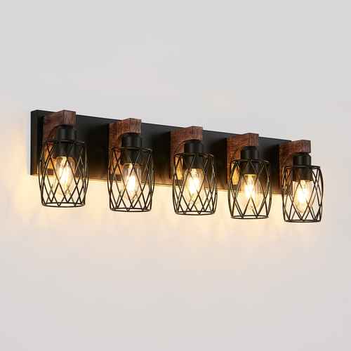 Five light fixtures with wooden accents on a white wall