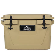 Beige hard cooler with a black label on a white background