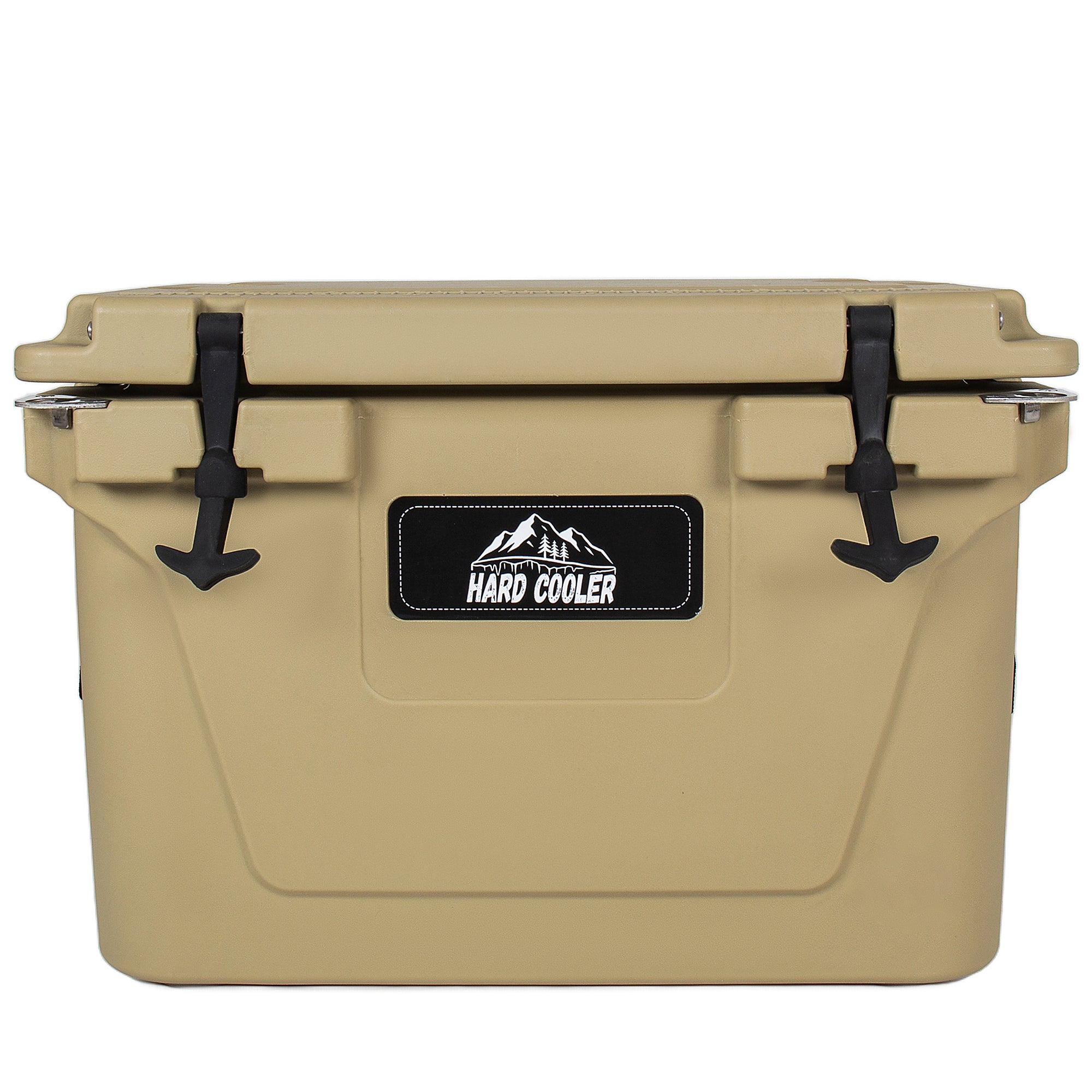 Beige hard cooler with a black label on a white background
