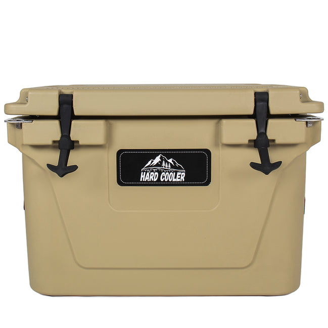 Beige hard cooler with a black label on a white background