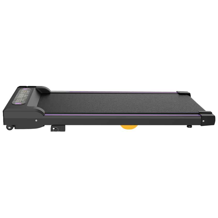 Close-up of the LED display and control panel on a black portable under-desk treadmill, showing multi-function features