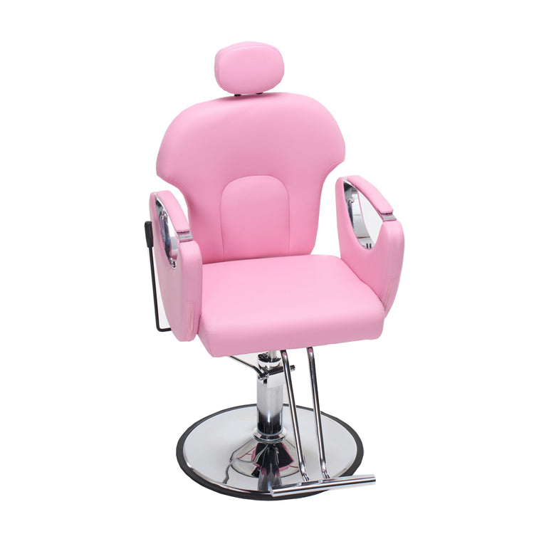 A pink salon barber chair with a padded headrest, armrests, and a chrome hydraulic base on a white background.