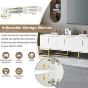 Modern TV stand featuring adjustable storage shelves ideal for organizing entertainment equipment, books, and decorative items.