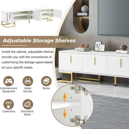 Modern TV stand featuring adjustable storage shelves ideal for organizing entertainment equipment, books, and decorative items.