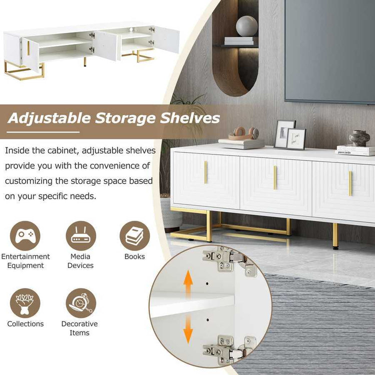 Modern TV stand featuring adjustable storage shelves ideal for organizing entertainment equipment, books, and decorative items.