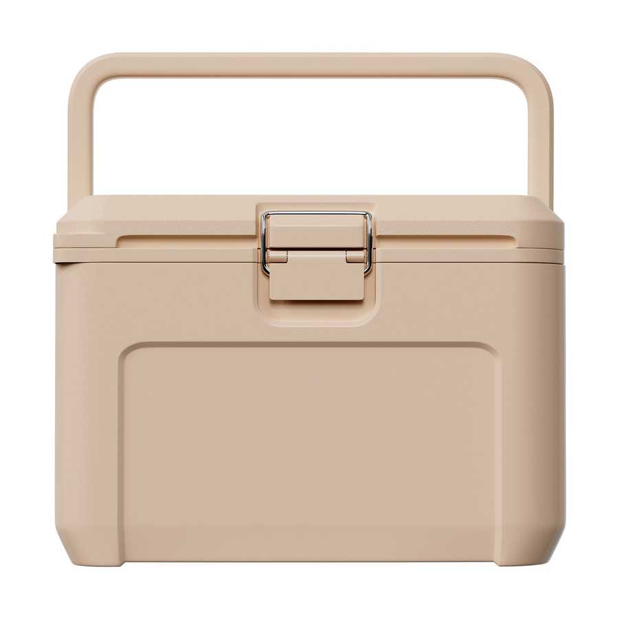 Beige makeup case with a handle on a white background