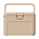 Beige makeup case with a handle on a white background