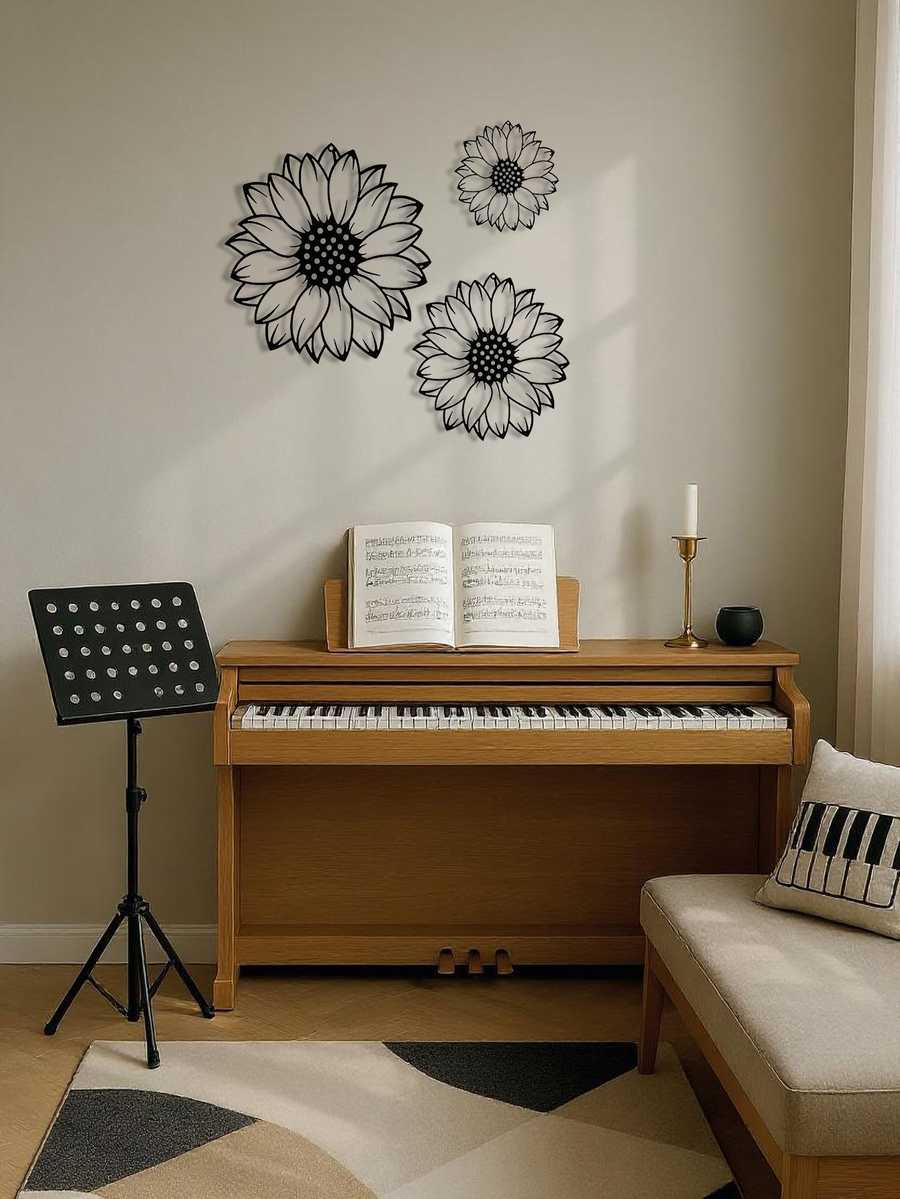Elegant metal wall art for home decoration set of 3 sunflowers displayed above a piano. Perfect for stylish living room or music area decor.
