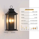 Black metal lantern wall light with glass panels and two glowing bulbs, shown with dimension lines and a specifications panel on a light gray background.