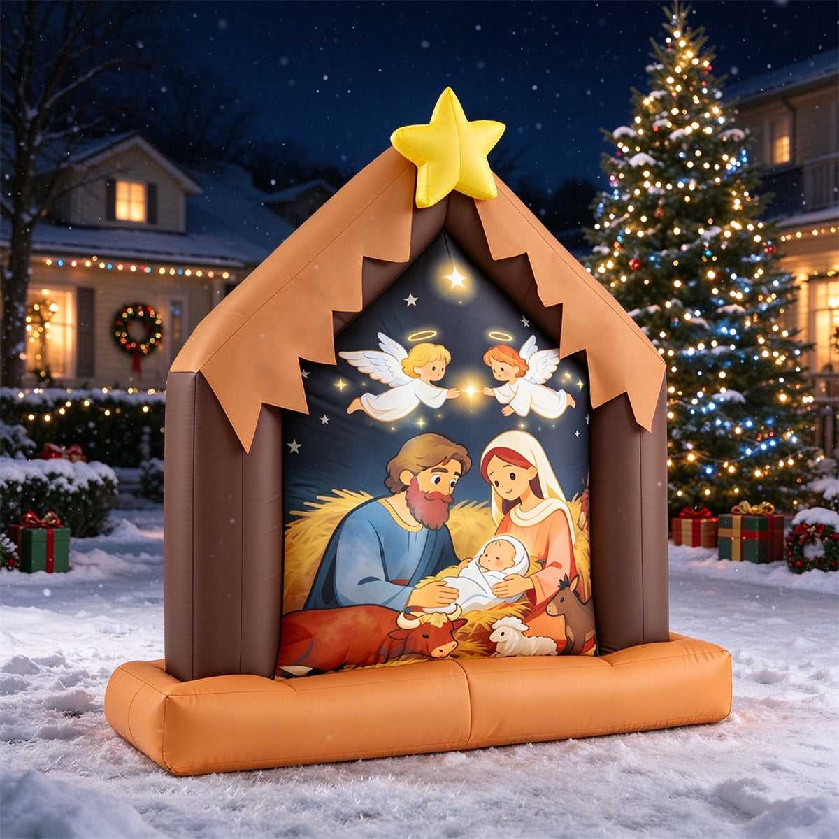 Inflatable nativity scene lit up on a snowy lawn next to a Christmas tree