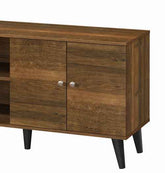 Mid-century style wooden TV stand with a smooth top surface, two storage shelves, and a cabinet with round metal knobs, supported by black angled legs