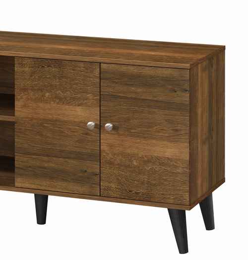 Mid-century style wooden TV stand with a smooth top surface, two storage shelves, and a cabinet with round metal knobs, supported by black angled legs