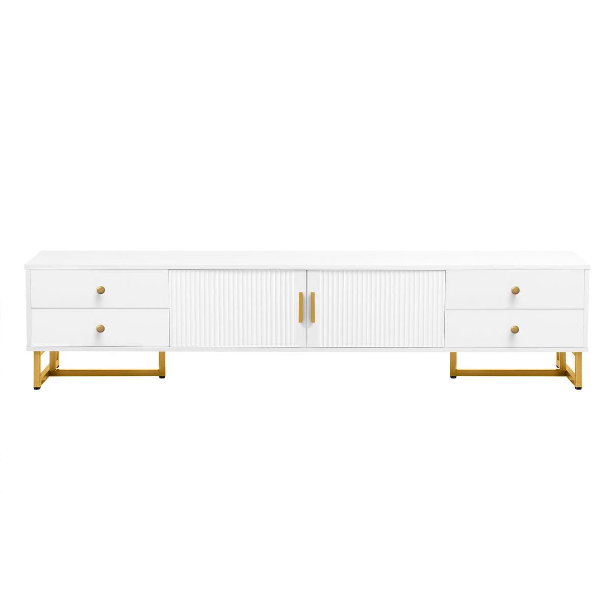 White dresser with gold legs and handles on a white background