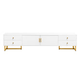 White dresser with gold legs and handles on a white background