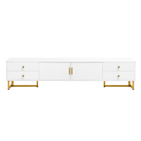 White dresser with gold legs and handles on a white background