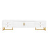 White dresser with gold legs and handles on a white background