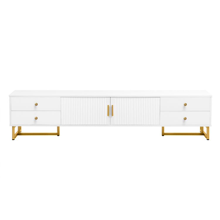 White dresser with gold legs and handles on a white background