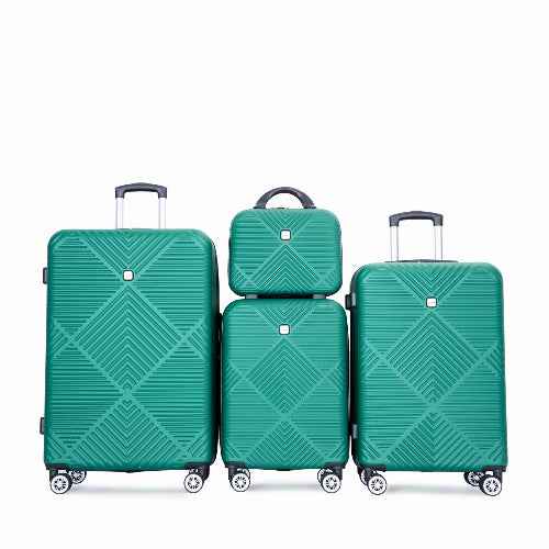 Three-piece green hardshell luggage set with geometric diamond-patterned embossed texture, including a large suitcase, a medium suitcase, and a small carry-on bag, shown on a white background.