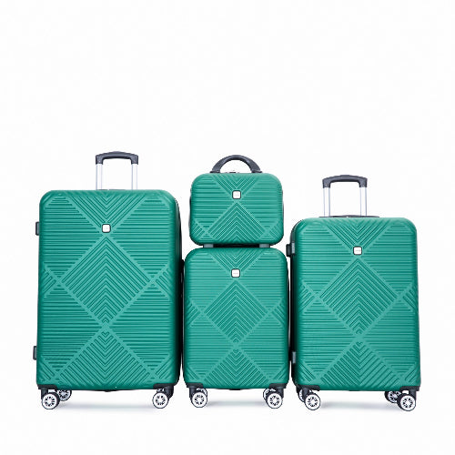 Three-piece green hardshell luggage set with geometric diamond-patterned embossed texture, including a large suitcase, a medium suitcase, and a small carry-on bag, shown on a white background.