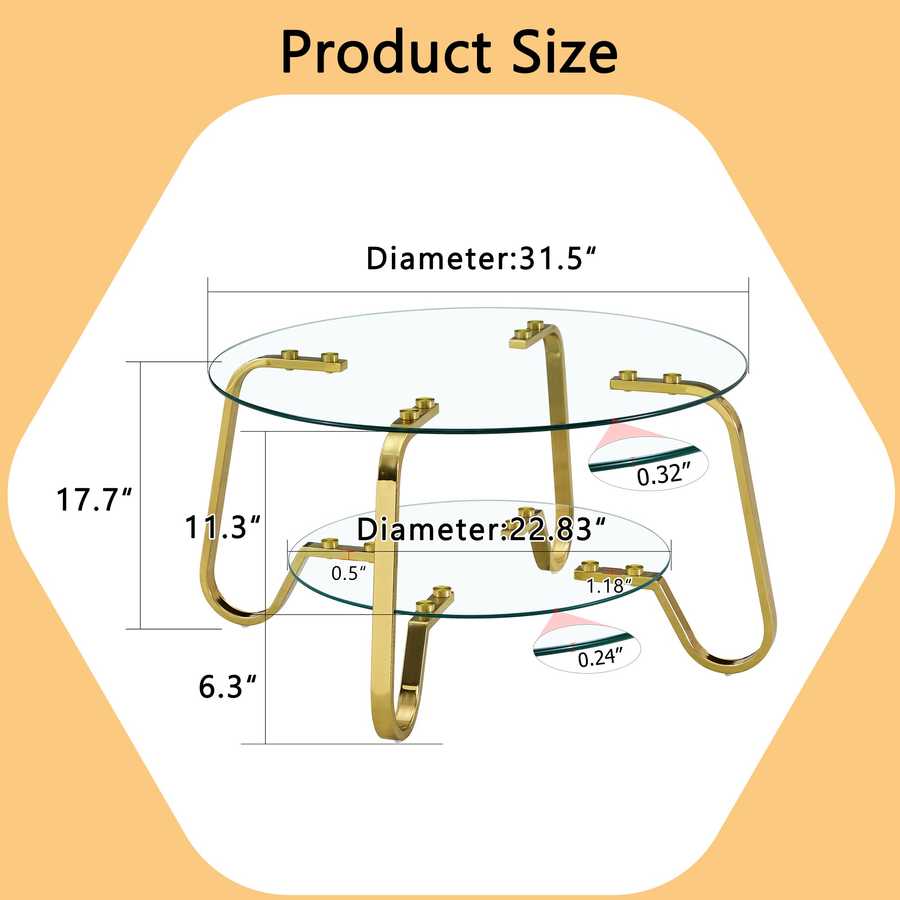 Product dimensions of vintage metal coffee table with 31.5-inch glass top and 22.83-inch lower shelf, gold frame details.