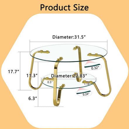 Product dimensions of vintage metal coffee table with 31.5-inch glass top and 22.83-inch lower shelf, gold frame details.