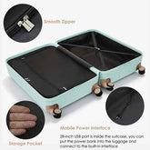 A mint green hard-shell suitcase shown open on a light gray background, with inset callouts highlighting a smooth zipper, a storage pocket, and a mobile power interface. Text on the image describes the suitcase features.