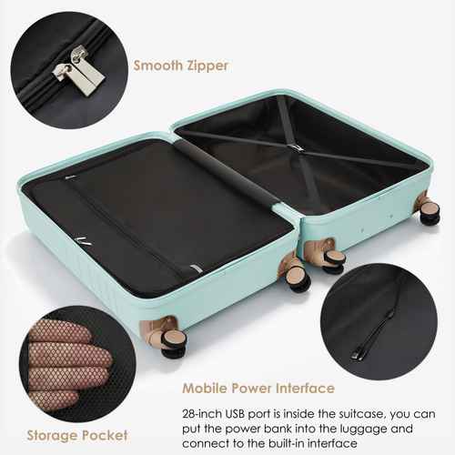 A mint green hard-shell suitcase shown open on a light gray background, with inset callouts highlighting a smooth zipper, a storage pocket, and a mobile power interface. Text on the image describes the suitcase features.