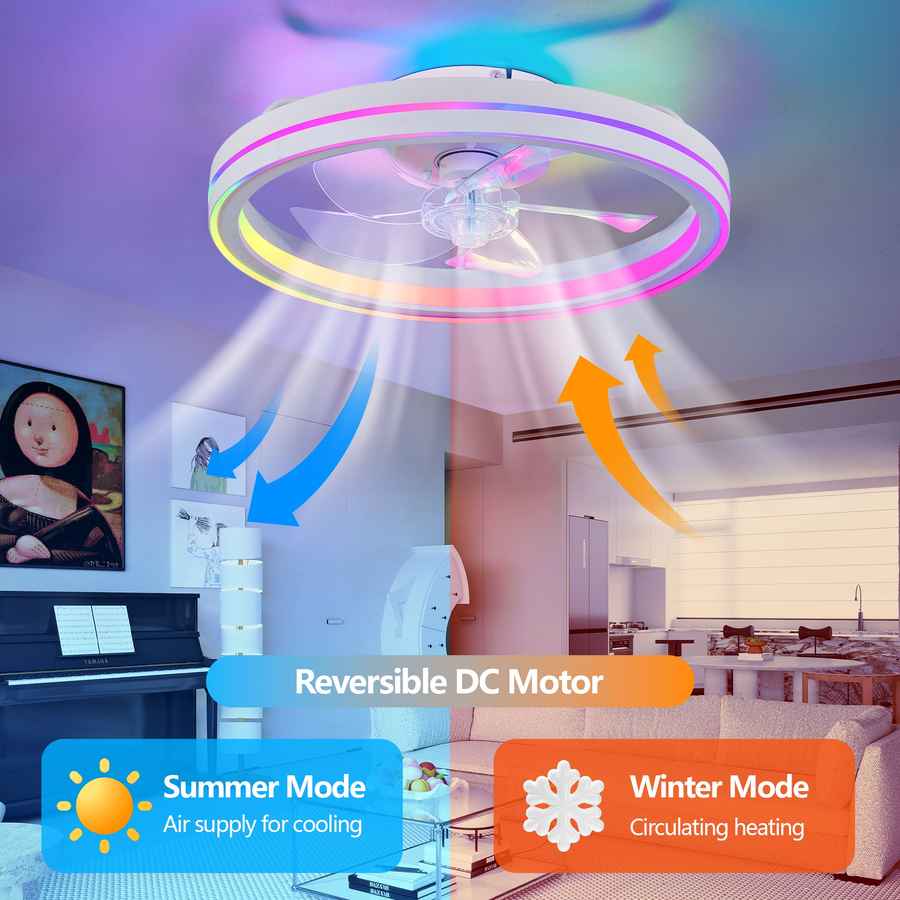 Ceiling fan with reversible DC motor in a living room setting, showing summer and winter mode icons.