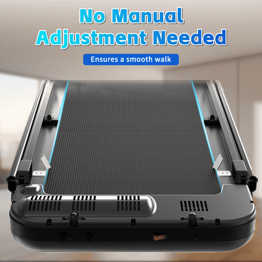 Foldable treadmill showing a maximum weight capacity of 265 pounds, with dimensions 44 inches by 22 inches, in a bright living room