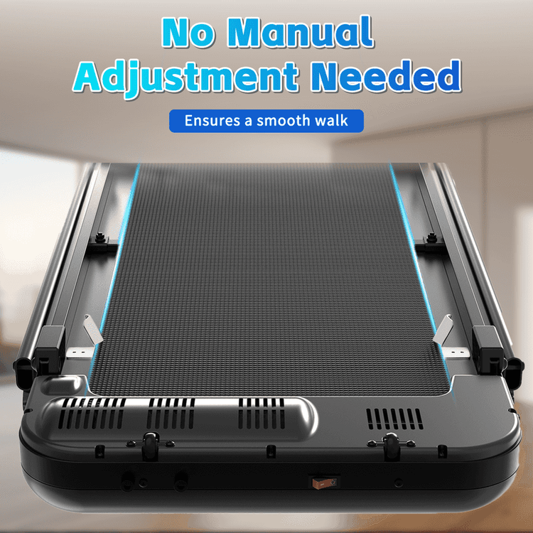 Foldable treadmill showing a maximum weight capacity of 265 pounds, with dimensions 44 inches by 22 inches, in a bright living room