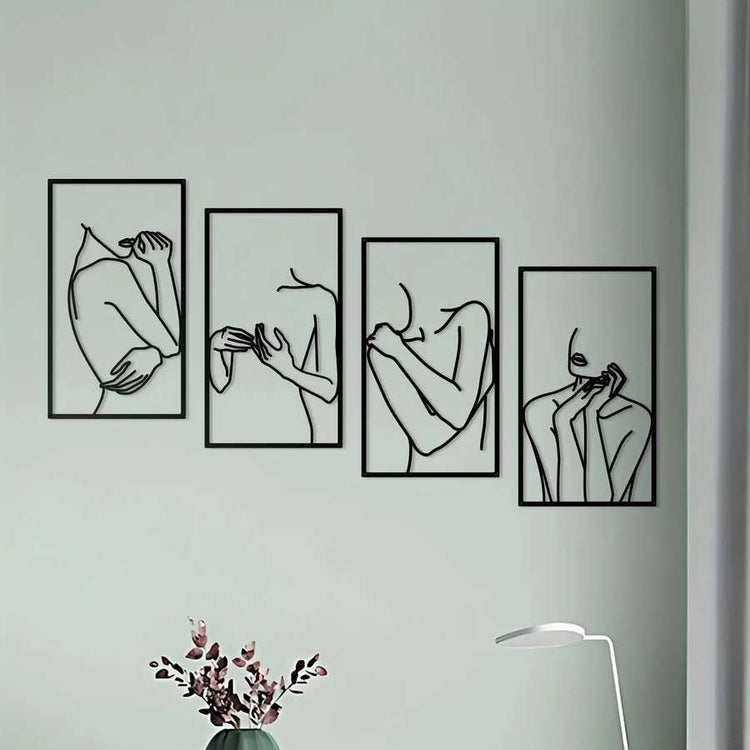 Black metal minimalist line art wall decor in living room, modern home interior