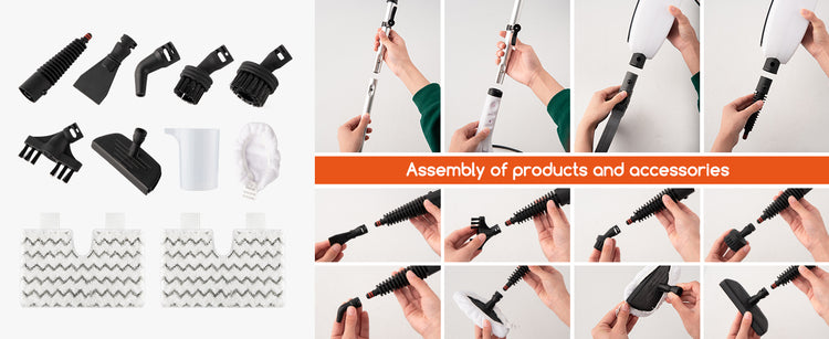 A collage showing a handheld vacuum cleaner and its accessories on a white background, including several black attachment heads, a white cup, a white filter, and multiple inset photos of hands assembling the vacuum wand and attachments. An orange banner across the center reads &